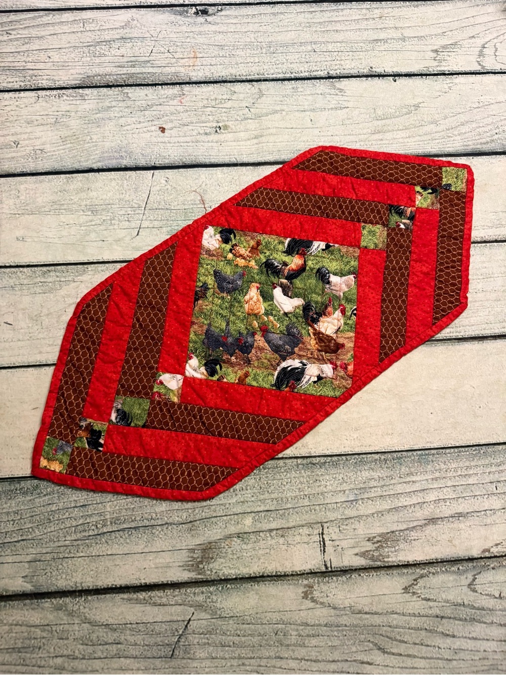 Handmade quilted rooster chicken pattern red runner.